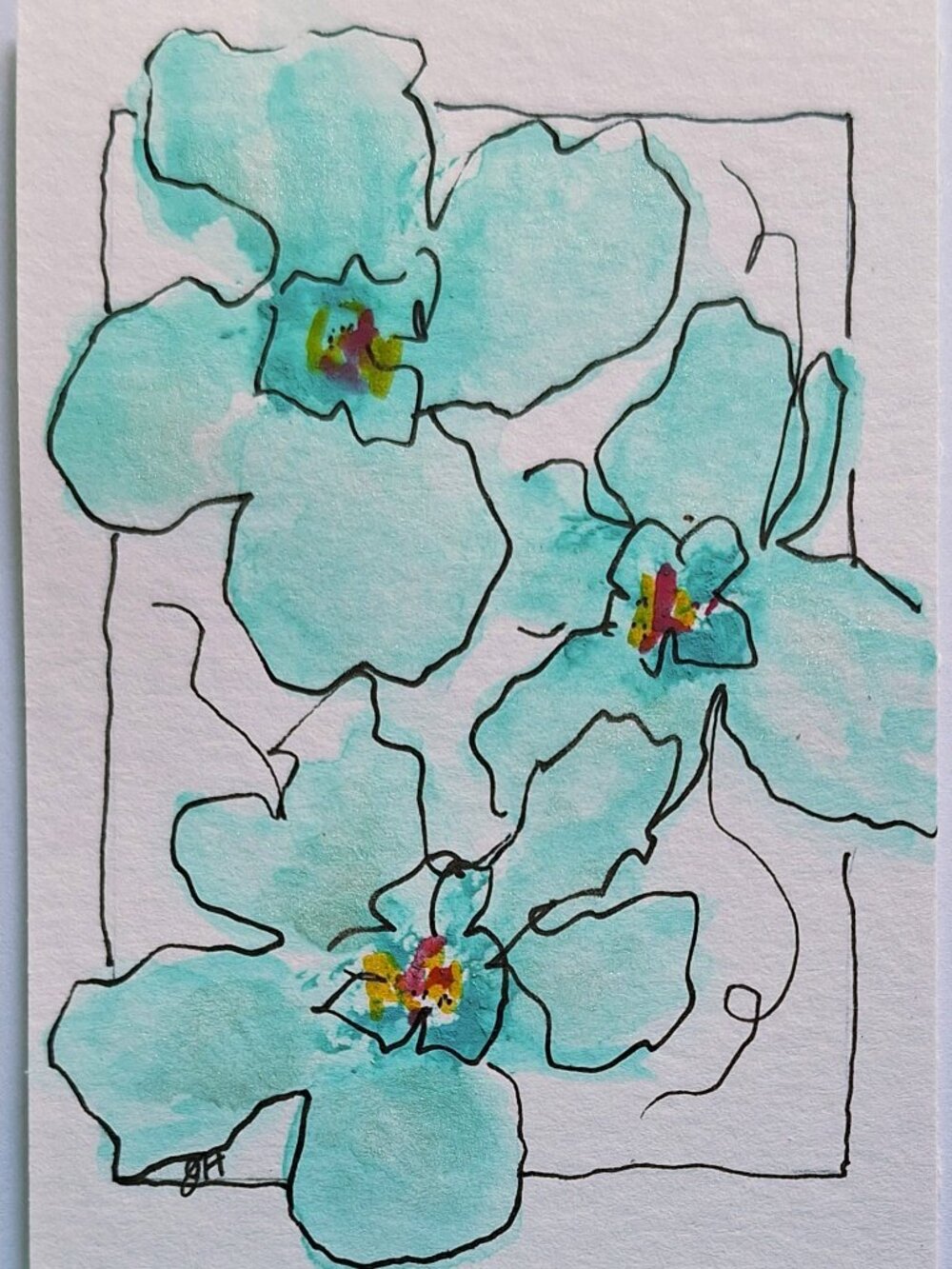 Original ACEO Watercolor Aqua Floral with Iridescent Accents OOAK